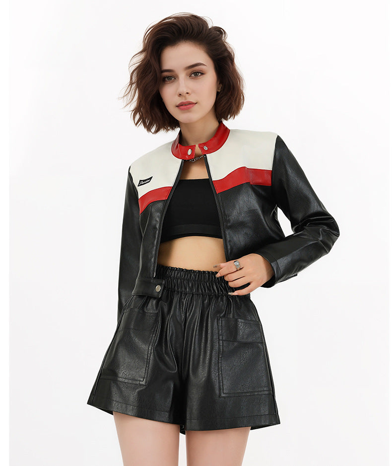 Woman wearing Splicing Short Jacket in a casual outdoor setting