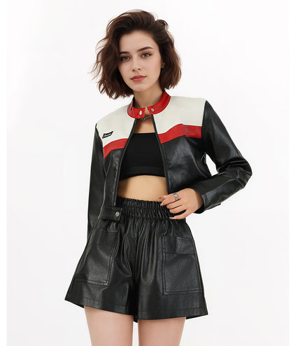 Woman wearing Splicing Short Jacket in a casual outdoor setting