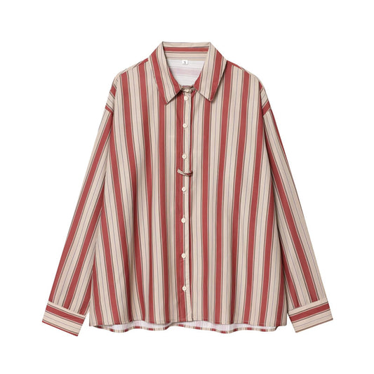 Woman wearing Back Strap Striped Shirt in a casual setting