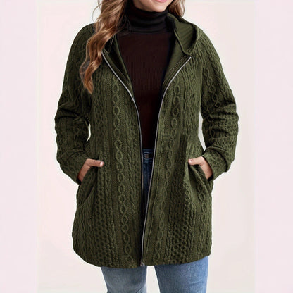 Woman wearing Solid Color Loose Zip Hoodie in a casual setting