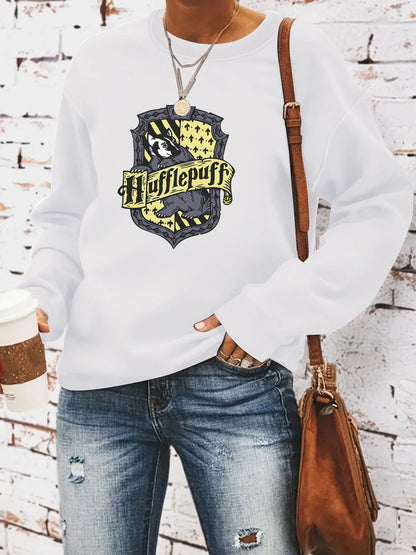Woman wearing Hufflepuff hoodie in a casual setting