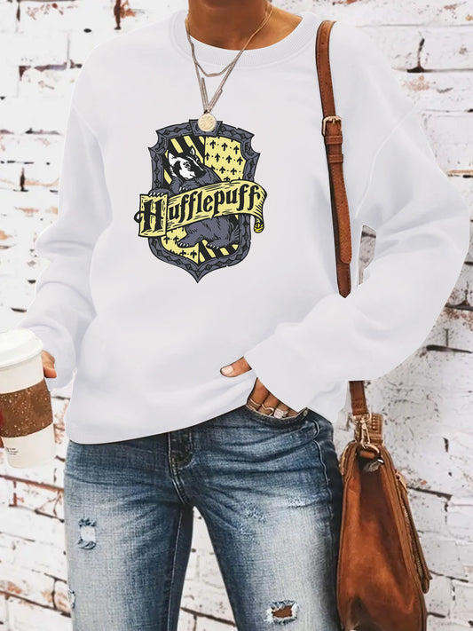 Woman wearing Hufflepuff hoodie in a casual setting