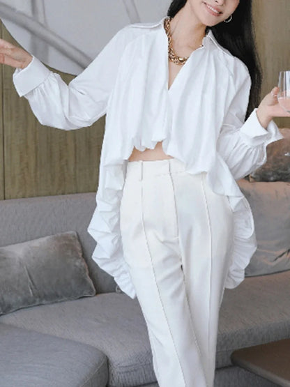 Elegant White Lapel Blouse for Women | Tajstylo