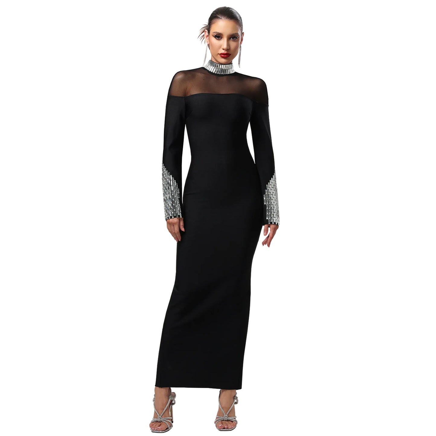 Elegant High Neck Long Sleeve Fitted Dress | Tajstylo