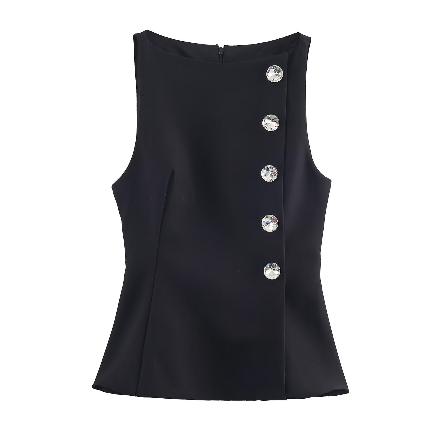 Woman wearing One Shoulder Sleeveless Button Up Top in a stylish outdoor setting