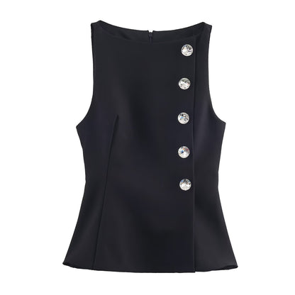 Woman wearing One Shoulder Sleeveless Button Up Top in a stylish outdoor setting