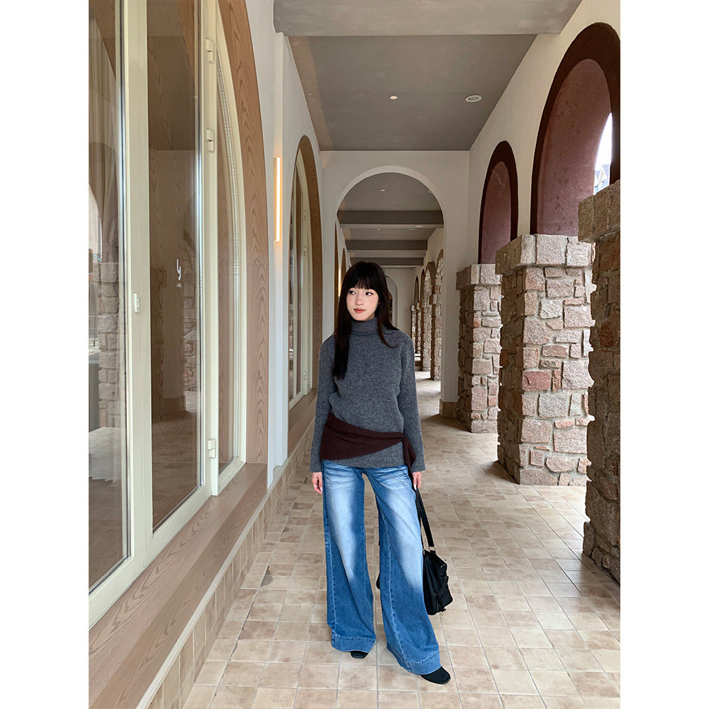 Woman wearing Wide Leg Flare Jeans in a casual outdoor setting