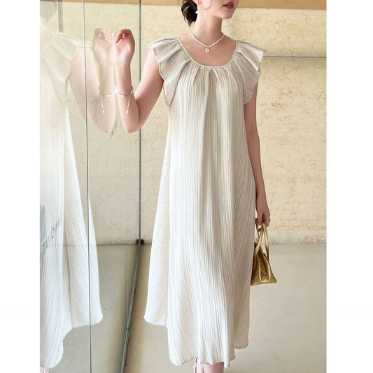 Cream Pleated Casual Dress | Tajstylo