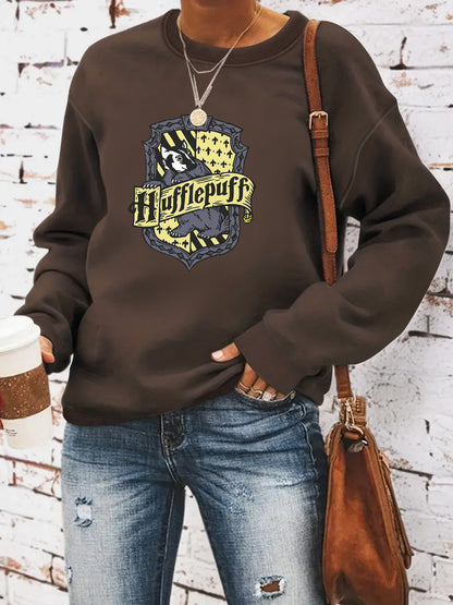 Woman wearing Hufflepuff hoodie in a casual setting