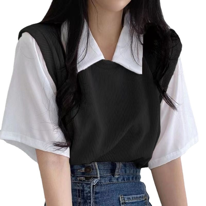 Woman wearing Two Tone Polo Neck Short Sleeve Top in a casual setting