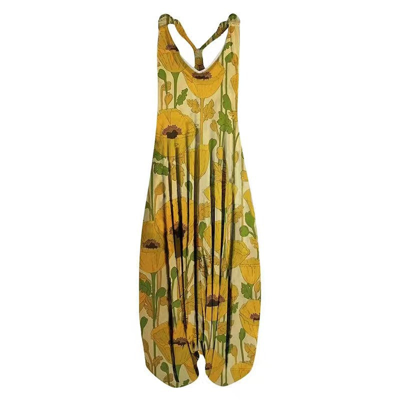 Woman wearing Printed Sleeveless Loose Knit Overalls in a city setting