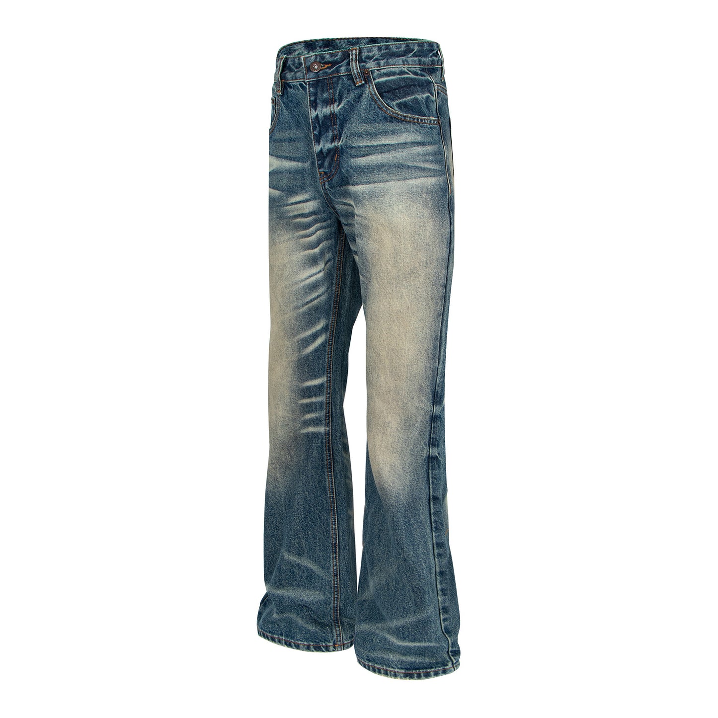 Woman wearing Distressed Deep Blue Flared Jeans in a casual setting