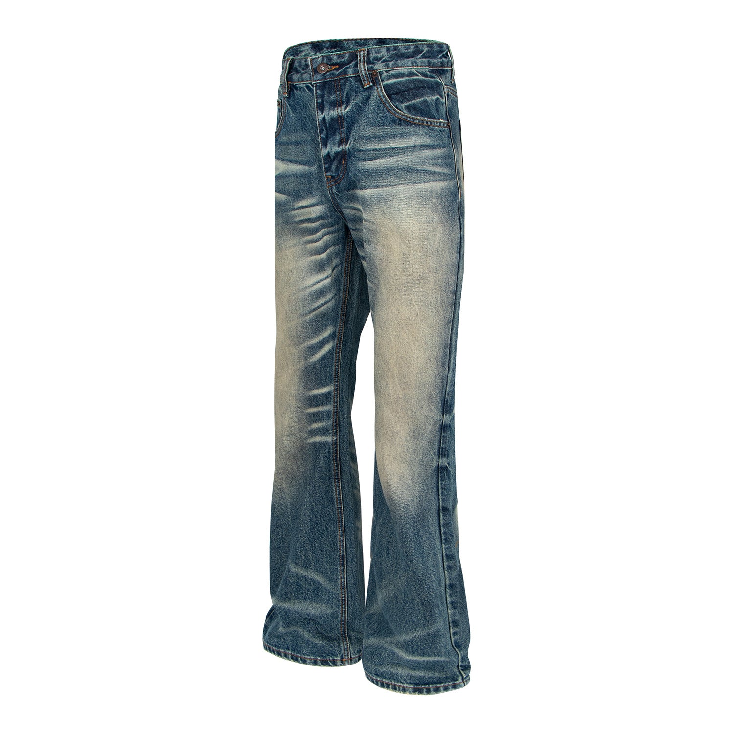 Woman wearing Distressed Deep Blue Flared Jeans in a casual setting