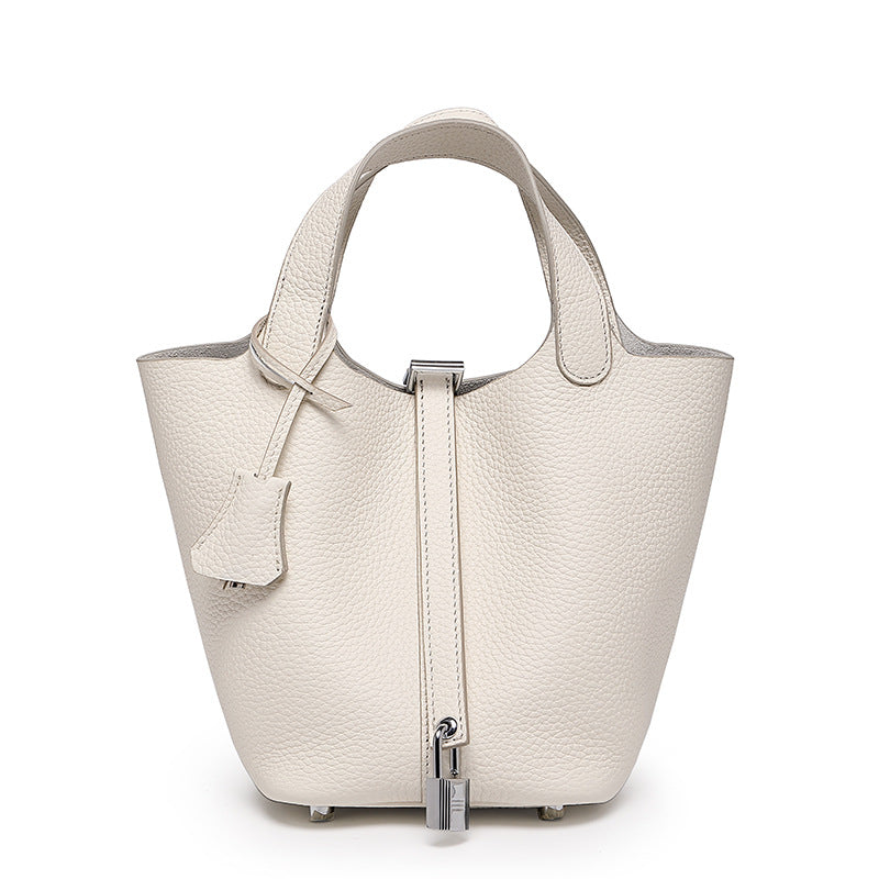 Women's Top Grain Cowhide Leather Bucket Bag – Model View | TajStylo