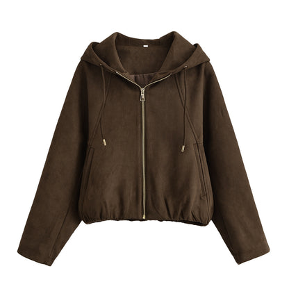 Woman wearing Hooded Suede Look Jacket in an autumn park