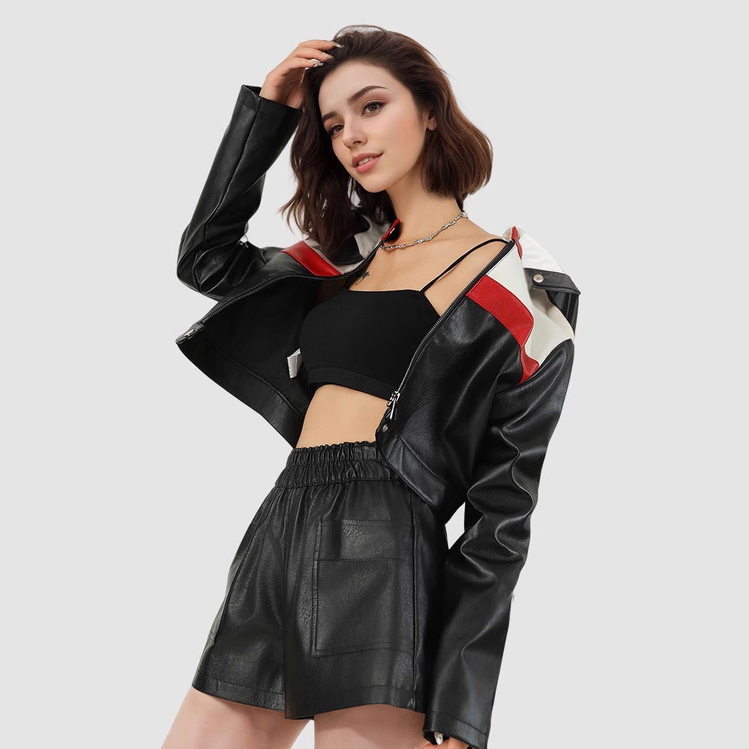 Woman wearing Splicing Short Jacket in a casual outdoor setting