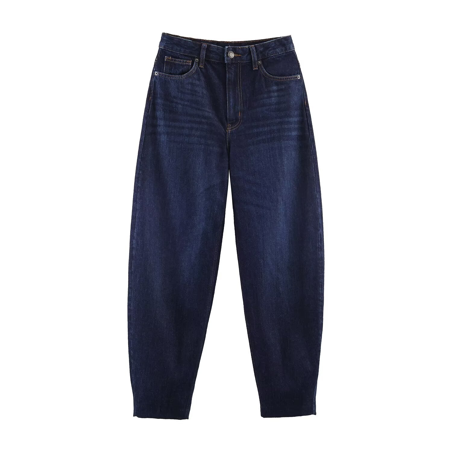 Woman wearing High Waisted Bucket Shaped Jeans in an urban setting
