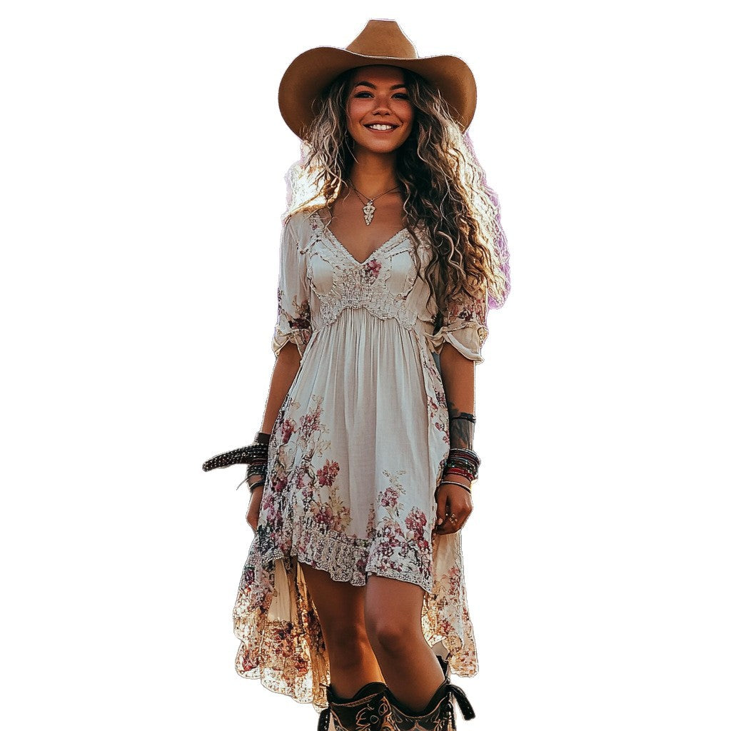 Woman wearing Patchwork V Neck Printed Dress in a vibrant festival setting