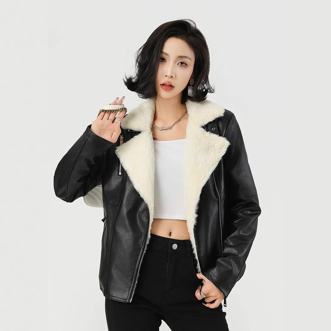 Woman wearing Thick Faux Leather Coat Jacket in winter setting