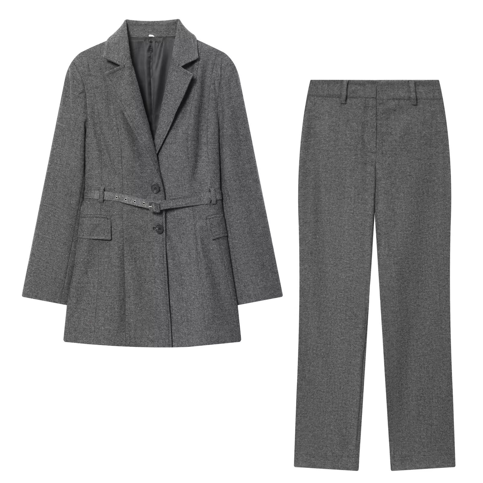 Woman wearing Belt Tied Suit Jacket and Pants Set in office setting