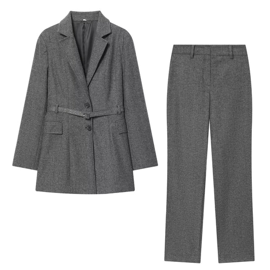 Woman wearing Belt Tied Suit Jacket and Pants Set in office setting