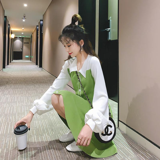 Woman wearing Avocado Green Long Sleeve Polo Dress in a casual setting