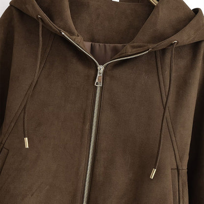 Woman wearing Hooded Suede Look Jacket in an autumn park