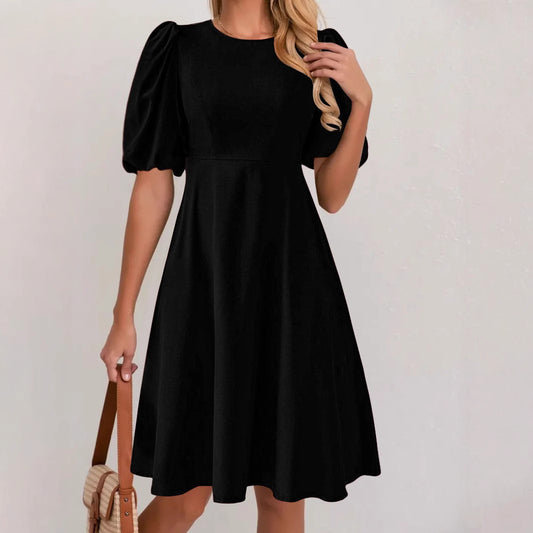 Elegant Round Neck Puff Sleeve Dress | Tajstylo