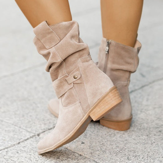 Women's Suede Pleated Square Low-Heel Side-Zip Low-Cut Ankle Boots – Front View | TajStylo