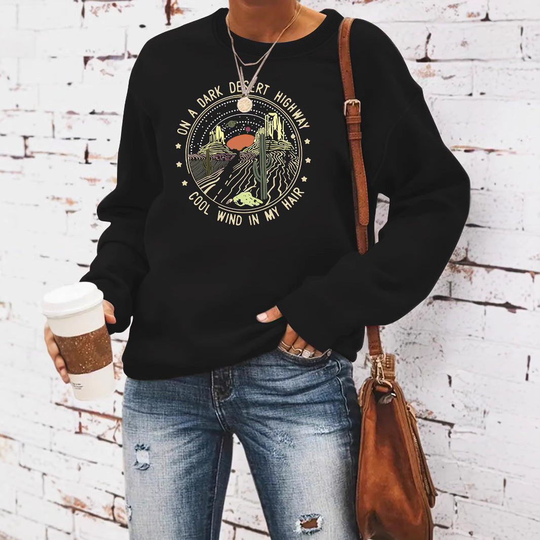 Woman wearing Printed Loose Hoodie in a casual setting