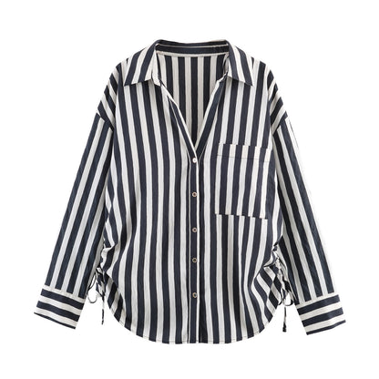 Woman wearing Lace Up Striped Shirt in a casual setting