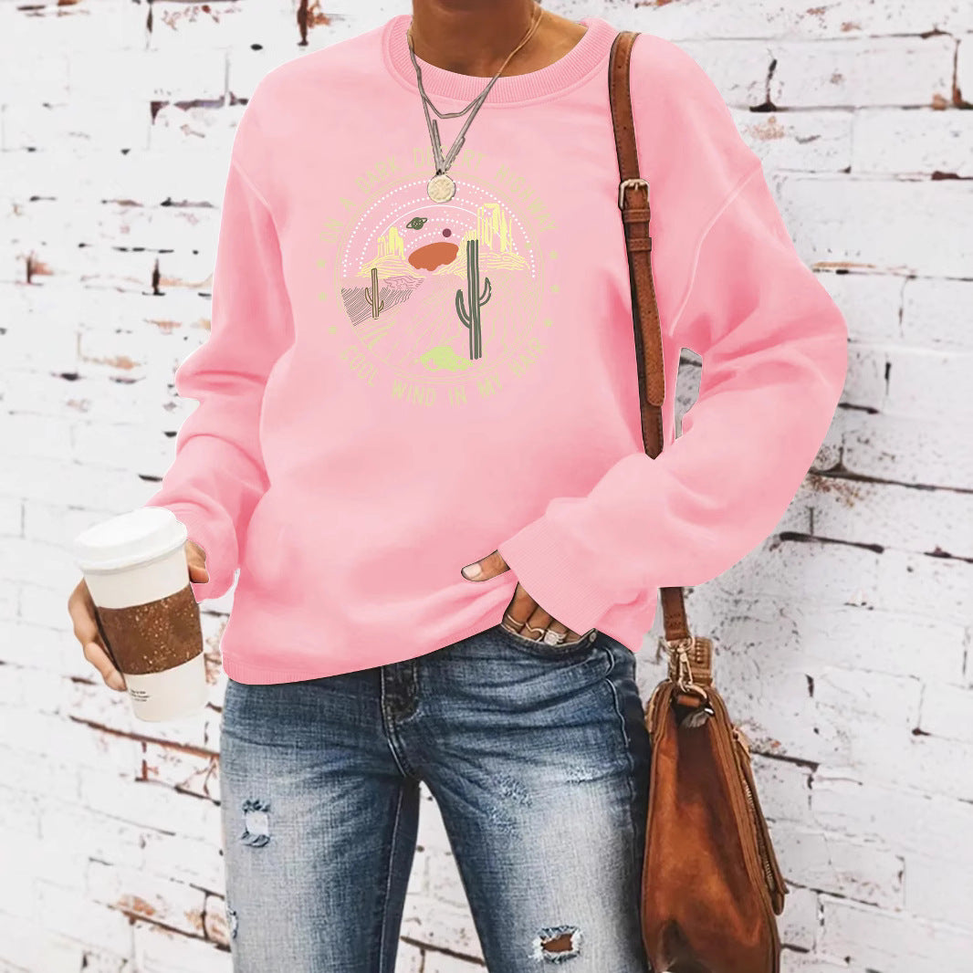 Woman wearing Printed Loose Hoodie in a casual setting