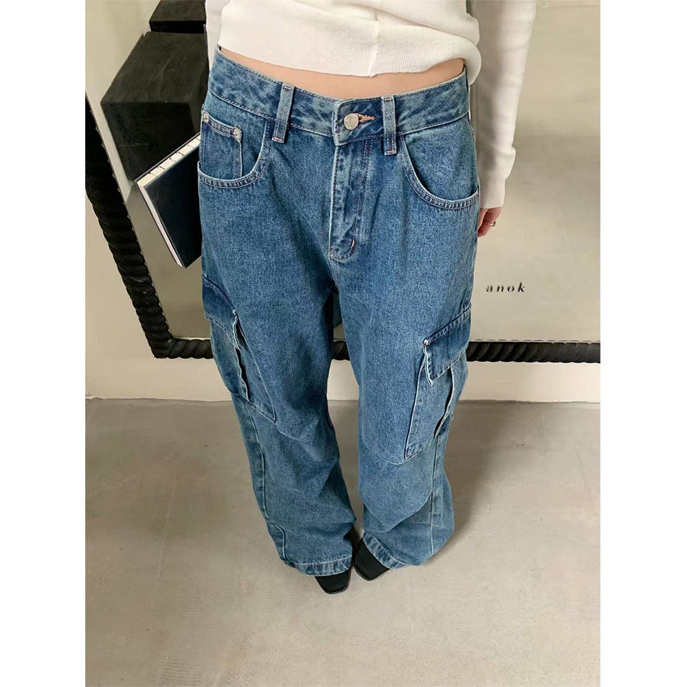Woman wearing Street Style Cargo Denim Pants in an urban setting
