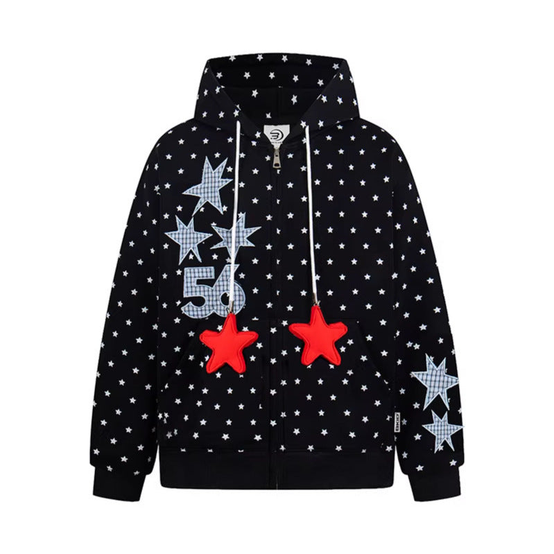 Woman wearing Geometric Print Zip-Up Hoodie in a casual urban setting