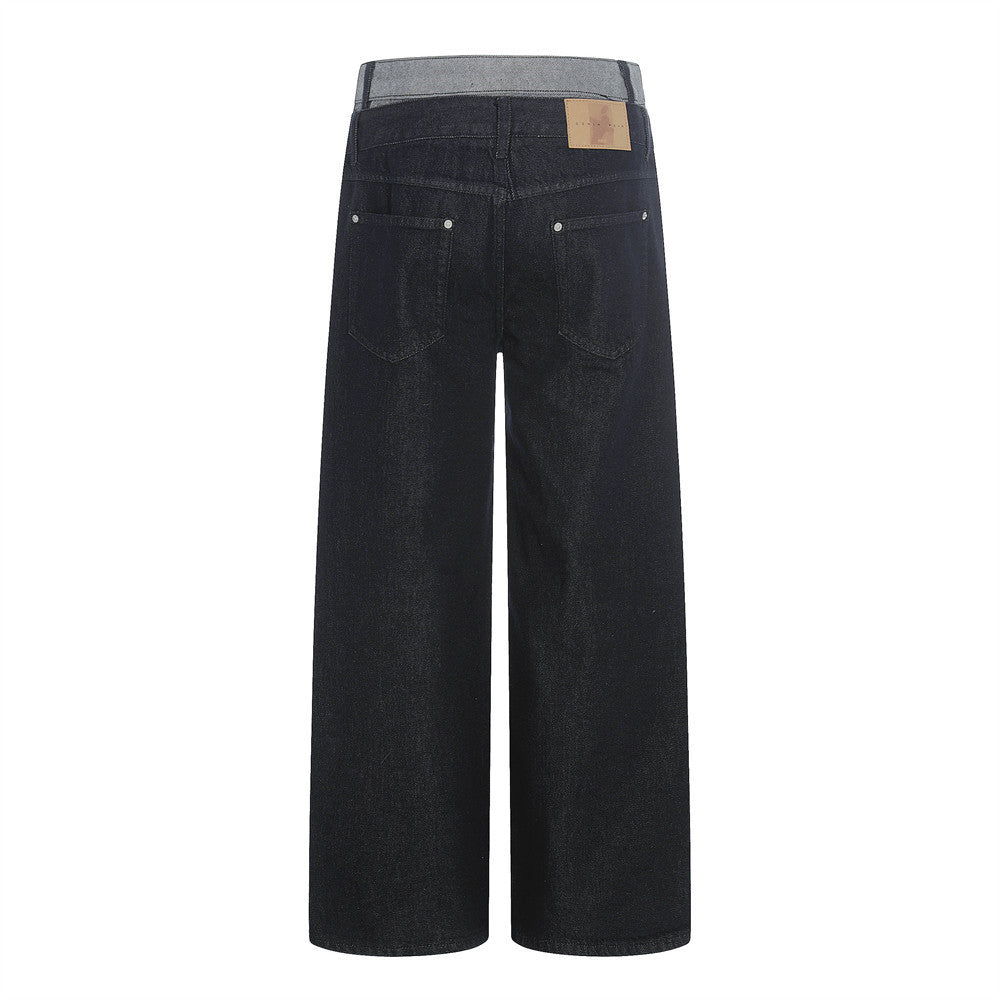 Woman wearing Two Color Block Denim Straight Leg Pants in a casual setting