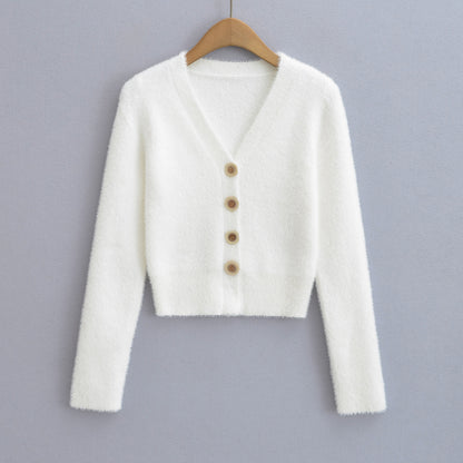 Woman wearing V-Neck Long Sleeve Cardigan Sweater in a chic office setting
