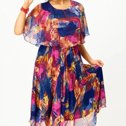 Woman wearing Burgundy Mesh Printed Patchwork Dress in an urban setting