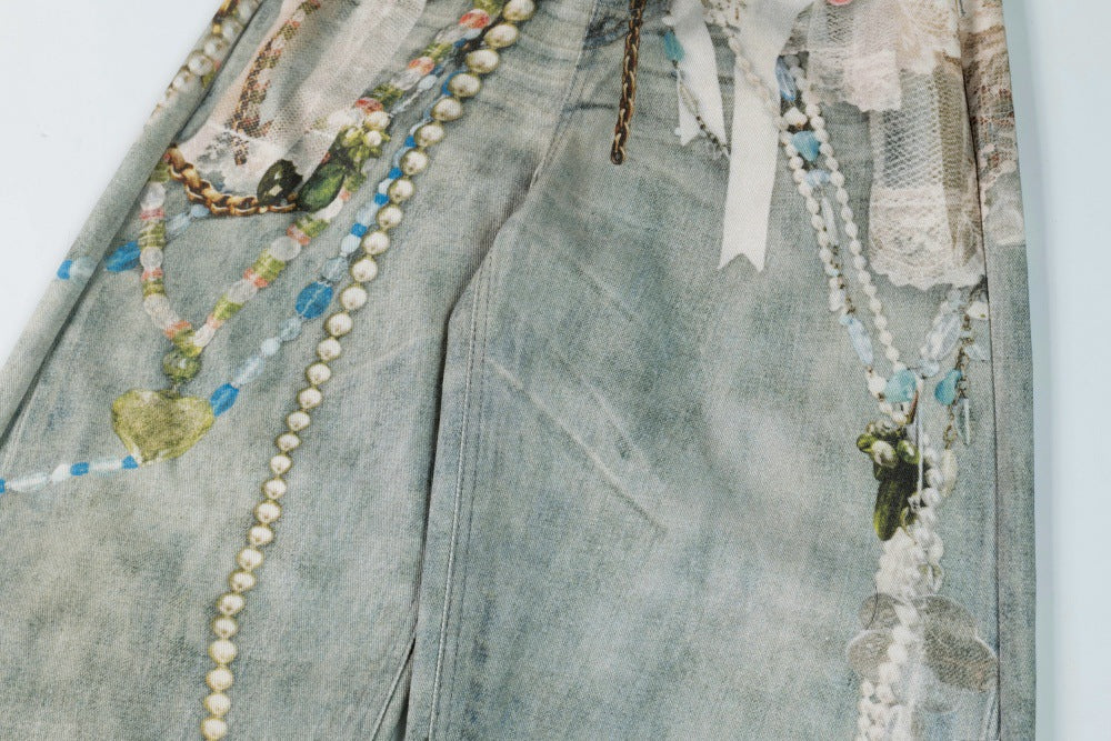 3D Digital Printed Chain Wide Leg Denim Pants | Tajstylo