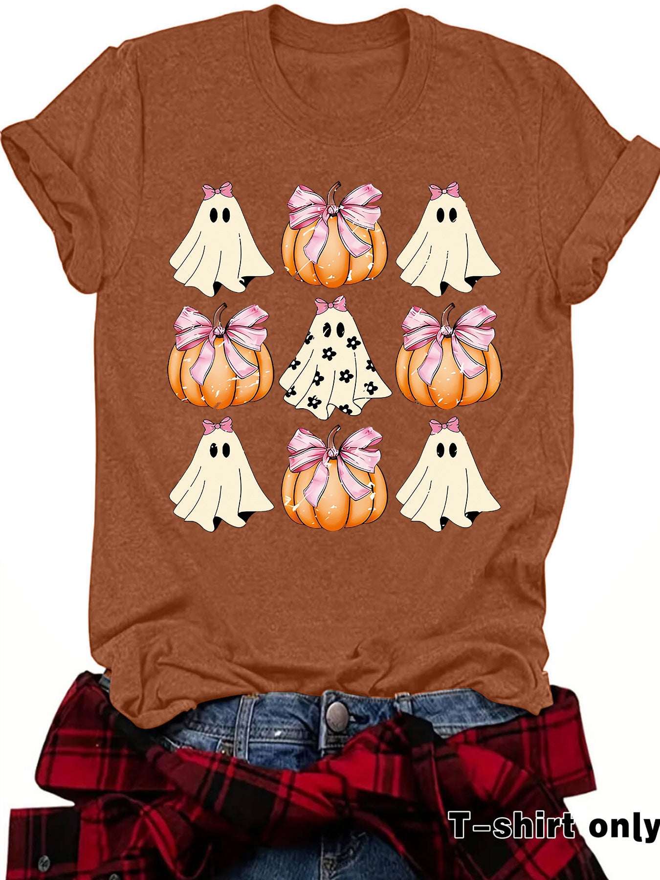 Woman wearing Funny Coquette Bow Pumpkin T-Shirt in a casual setting