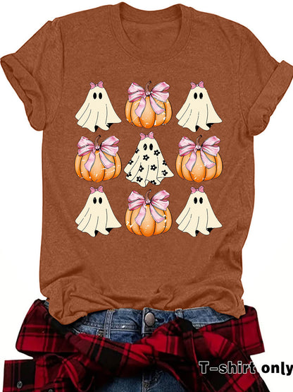 Woman wearing Funny Coquette Bow Pumpkin T-Shirt in a casual setting