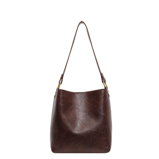 Women's Large Capacity PU Leather Commuter Shoulder Bucket Tote Bag – Front View | TajStylo