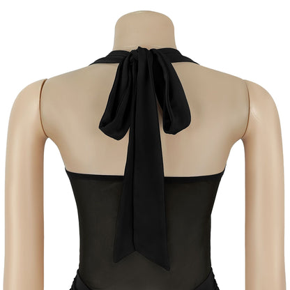 Sheer Mesh Halter Tie-Back Bodycon Dress | Tajstylo