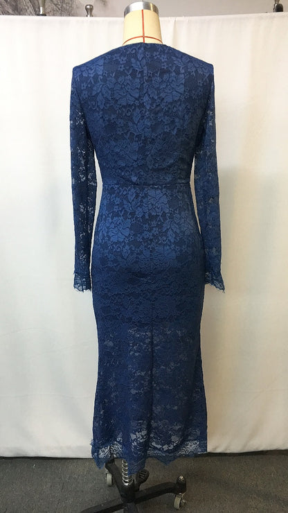 Lace Spliced V Neck Long Sleeve Bodycon Dress | Tajstylo
