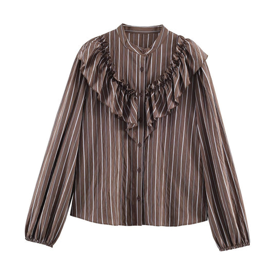 Woman wearing Striped Ruffle Edge Layered Shirt in a stylish setting