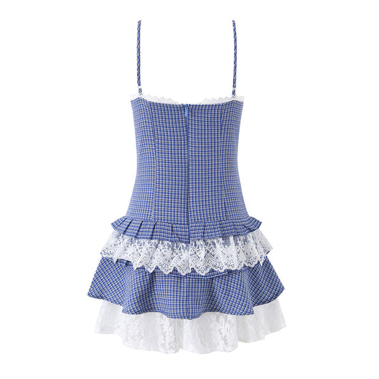 Plaid Lace Trim Bow Strap Dress | Tajstylo