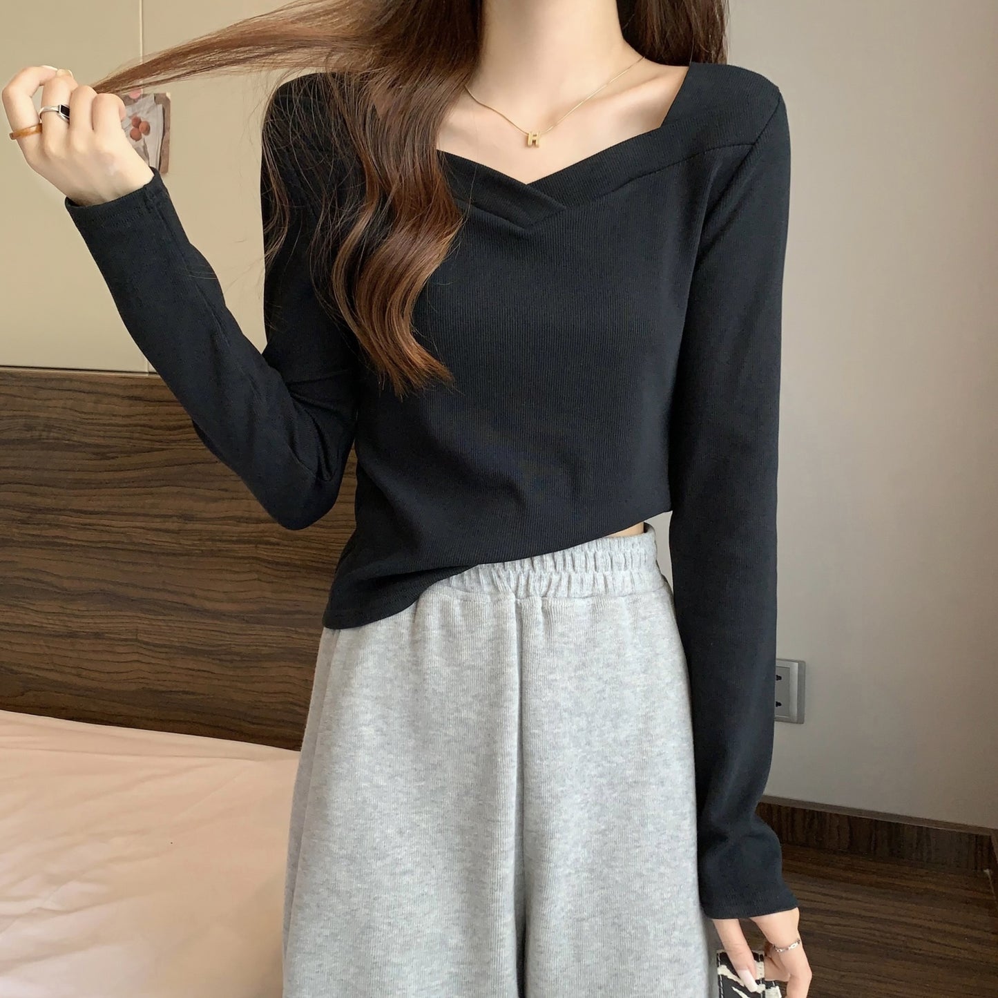 V Neck Long Sleeve Fleece Top | Tajstylo