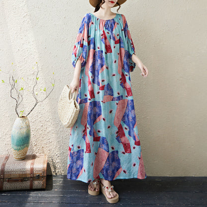 Woman wearing Multi-Color Printed Loose Dress in a sunny outdoor setting