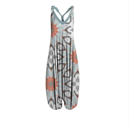 Woman wearing Printed Sleeveless Loose Knit Overalls in a city setting