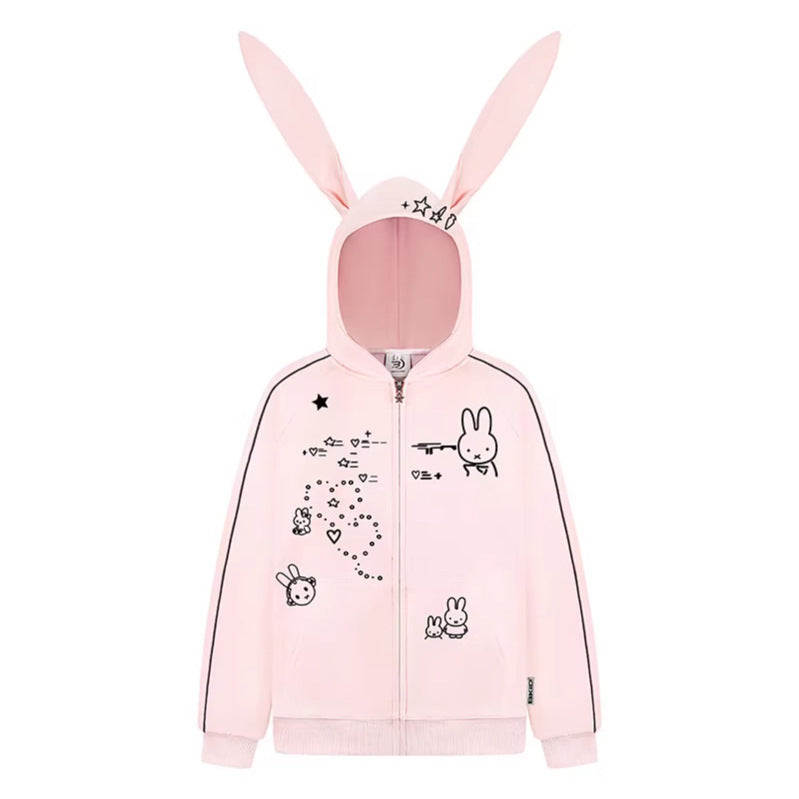 Woman wearing Embroidery Long Ear Hooded Zip-Up Hoodie in casual street setting