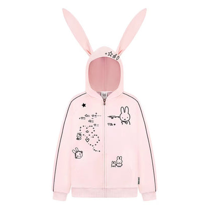 Woman wearing Embroidery Long Ear Hooded Zip-Up Hoodie in casual street setting